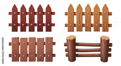 Cartoon Wooden Fences Set Vector Illustration: Pickets and Rustic Log Barriers Isolated. Essential Graphic Assets for Game UI and Digital Design.