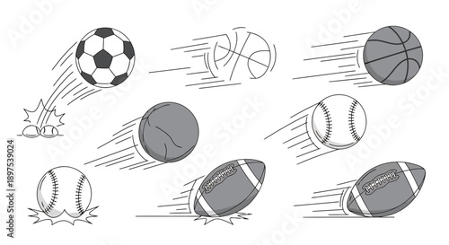 Fast Moving Sports Balls Vector Set. Comic Style Icons with Speed Lines and Impact Effects for Competition, Athletic, and Game Design Graphics.