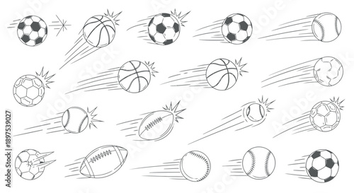 Dynamic Sketch Sports Balls Set: Flying Soccer, Basketball, Baseball, and Football Icons with Speed Lines for Athletic Branding and Competition Design.