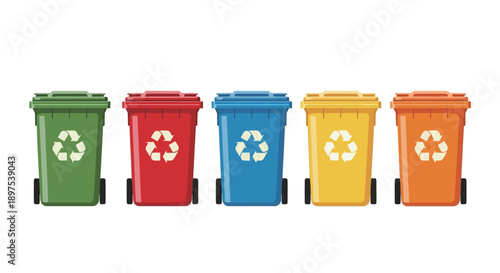Colorful Recycling Bins Lined Up for Waste Sorting Education on a White Background, Promoting Environmental Sustainability.