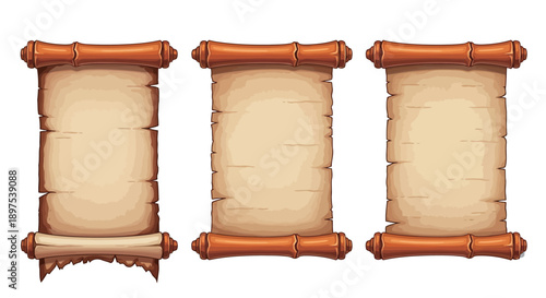Ancient Paper Scrolls Vector Set: Vertical Cartoon Parchments for Game UI, Certificates, and Medieval Announcement Banners.