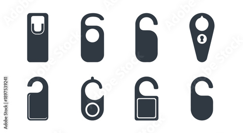 Hotel Door Hanger Icons Set: Vector Silhouettes for Privacy, Do Not Disturb, and Room Status Indicators in Hospitality Design Assets