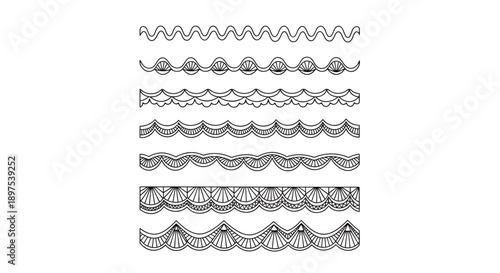 Hand-Drawn Scalloped Lace Border Set Illustrating Elegant Art Deco Design for Wedding Invitations and Vintage Packaging Decoration.