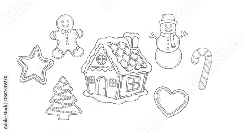 Festive Gingerbread Cookies and House Drawing Outline Set for Holiday Baking Craft and Coloring Page Designs