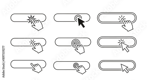 Click Button Icons Set: Hands and Cursors Tapping Empty Web Interface Elements in Line Art Style for UX/UI and Call-to-Action Design.
