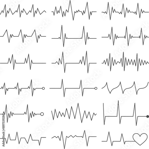 A collection of various heartbeat and pulse lines representing different vital signs and medical conditions