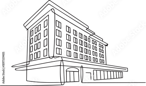 Modern office building exterior with sleek architecture and minimalist design viewed from the street