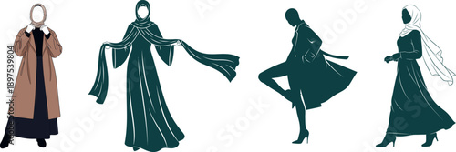 Four Women in Hijabs and Modest Outerwear on White Background muslim woman