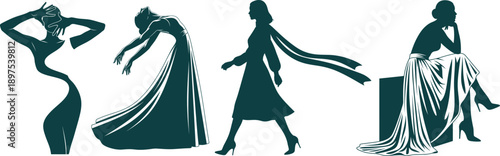 Four Silhouettes of Women in Elegant Dresses in Dynamic Poses woman