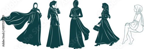 Collection of Silhouettes of Women Wearing Hijabs and Modest Dresses muslim woman