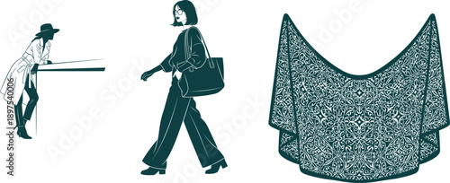 Fashionable Women Silhouettes and Ornate Fabric Design on White Keywords: fashion, woman, silhouette, elegant, stylish, modern