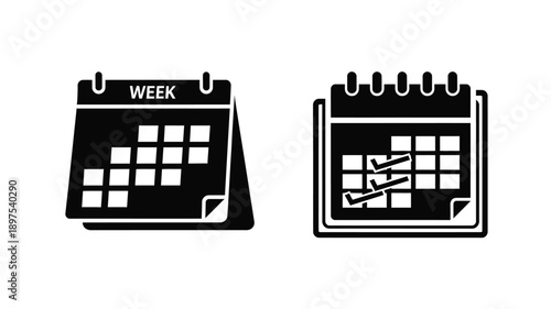 Two calendar icons depicting schedules and dates black silhouette