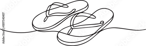 Continuous line drawing of flip flops on a white background from a top viewpoint.