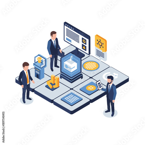 Three businessmen collaborating on a digital project with various icons and screens.