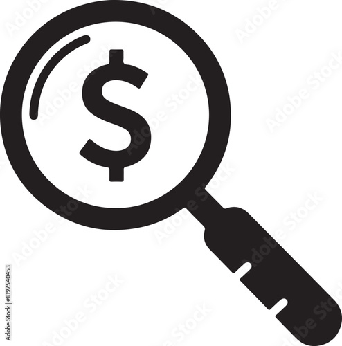 Minimalist Black and White Vector of Magnifying Glass with Dollar Sign – Financial Analysis Icon.