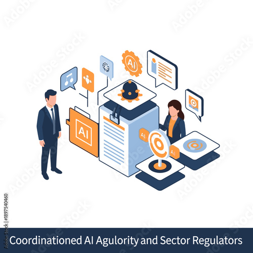 Coordinated AI Authority and Sector Regulators Illustration with Professionals.
