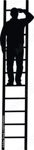 Man standing on tall ladder looking ahead