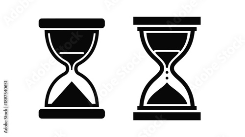 Two hourglasses displaying differing sand levels black silhouette