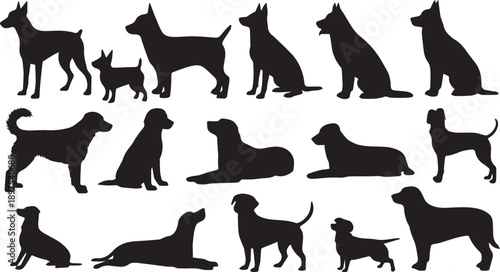 Diverse dog breed silhouettes in various poses, representing loyalty, companionship, and active lifestyles. Ideal for pet-related graphics, websites, and branding.