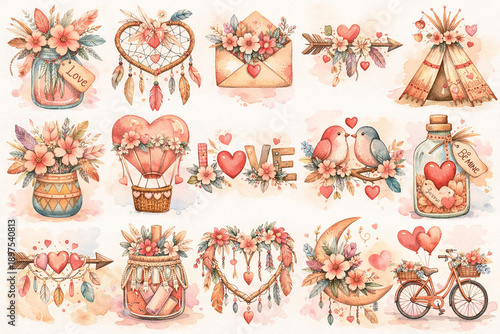 Romantic Watercolor Valentine’s Day Illustrations – Cute Love Clipart Collection Featuring Roses, Bouquets, Balloons, Chocolates, Teddy Bear, Wine Glasses, and Heart Decorations for Greeting Cards, We