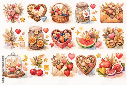 Romantic Watercolor Valentine’s Day Illustrations – Cute Love Clipart Collection Featuring Roses, Bouquets, Balloons, Chocolates, Teddy Bear, Wine Glasses, and Heart Decorations for Greeting Cards, We