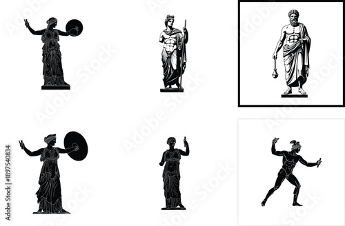 Ancient Greek Gods and Goddesses Silhouette Vector Illustration Set