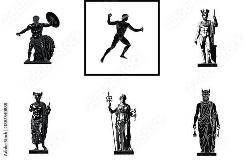 Ancient Greek Gods and Goddesses Statues Silhouette Vector Illustration