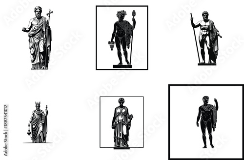 Ancient Greek Gods Statues Monochrome Vector Illustration