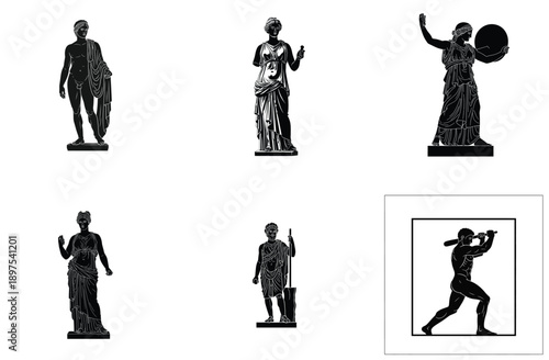 Ancient Greek Statues Silhouette Set Vector Illustration