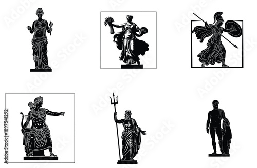 Ancient Greek Statues Silhouette Set, Mythological Gods and Goddesses, Classical Art Vector Illustration