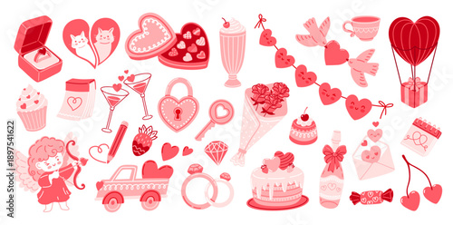 Set of romantic elements. Celebration love stickers collection. Wedding decorations. Cupid, angel, cake, heart-shaped box, rings and flowers. Vector illustration.