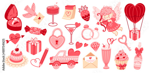 Valentine's Day elements. Set of cute romantic stickers. Heart, love letter, cocktail, lock and key. Sweet dessert, gift, cupid with bow and arrow. Vector illustration. 