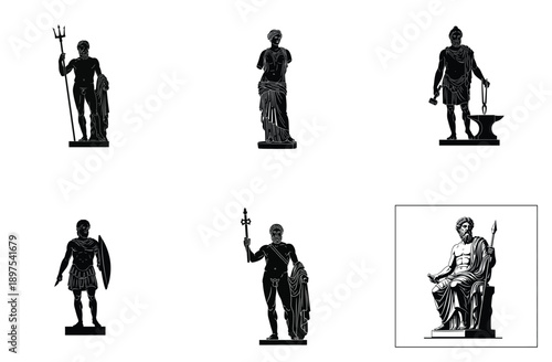 Greek Gods Statues Silhouette Collection Vector Illustration