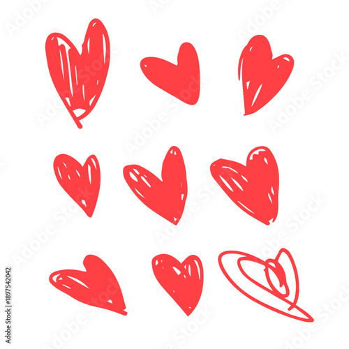 Set of hand-drawn red hearts in a playful doodle style. Minimalist and romantic collection isolated on a white. Perfect for Valentine's Day designs, wedding invitations, romantic stickers, social medi