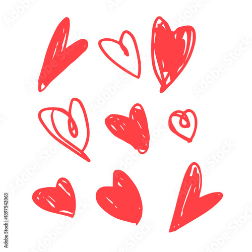Set of hand-drawn red hearts in a playful doodle style. Minimalist and romantic collection isolated on a white. Perfect for Valentine's Day designs, wedding invitations, romantic stickers, social medi