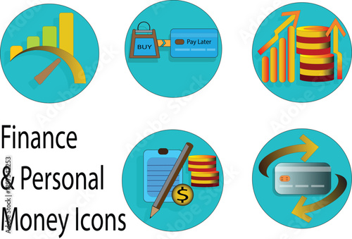 Digital Banking and Payment Concepts: Passive Income, Credit Score, Subscription Management, and Buy Now Pay Later Icons