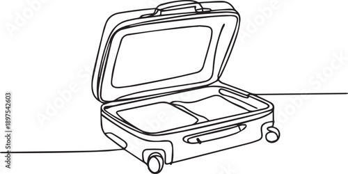 An open suitcase with wheels on a flat surface viewed from the side