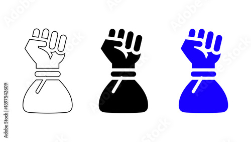 Financial Empowerment and Economic Justice Icons Featuring Raised Fist and Money Bag for Wealth Success Social Funding and Prosperity Advocacy Symbols