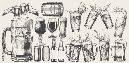 Hand drawn beer glasses and mugs with liquid splash in vintage line art style