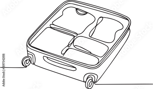 A simple line drawing of a suitcase with compartments on a flat surface from an angled viewpoint
