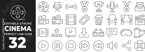 Cinema and Film Line Icon Set with Movie Camera, Clapperboard, Ticket, Popcorn, Screen, Entertainment, Media and Cinematography Symbols Outline Vector Illustration