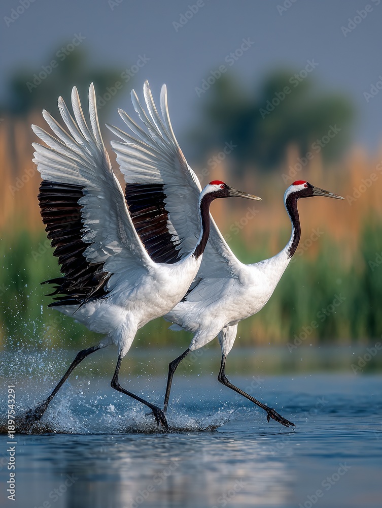Naklejka premium Two stunning cranes dance gracefully on the water. Their wings spread wide, showcasing elegant white and black feathers. A serene natural setting enhances this vivid scene. AI