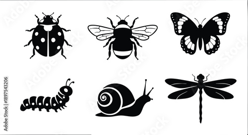 Silhouette vector set featuring ladybug bee butterfly caterpillar snail and dragonfly insect icons in black minimalist design on white background