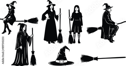 Black and white silhouette witches with pointed hats holding and riding brooms in various poses isolated on white background vintage style magical flying side view illustrations