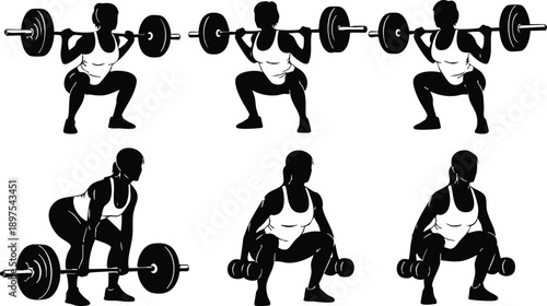 Silhouettes of woman performing barbell squats and dumbbell squats in various angles showing strength and fitness gym training exercises in vector style silhouette