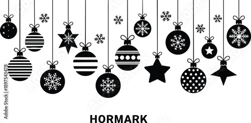 Black silhouette christmas ornament balls and star shapes hanging with bows and snowflakes isolated on white vector illustration festive holiday decoration graphic design