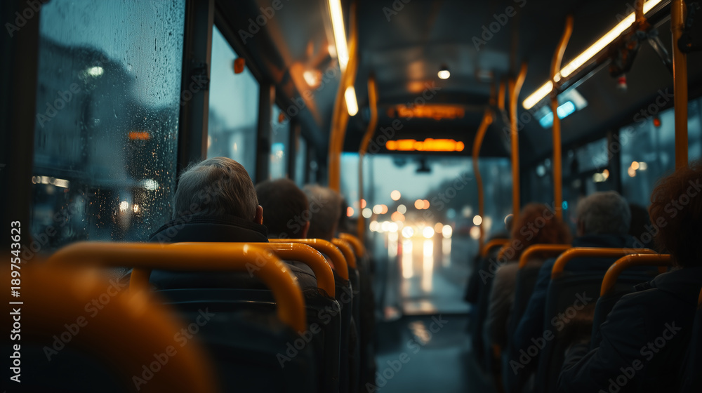 Naklejka premium Photo of a bus interior with people sitting and riding in the bus. There are many people, but all are different. Public transport. Copy space. Realism. Stock photo. High detail