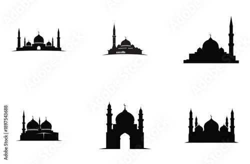 Islamic Mosque Silhouette Set, Black Domes and Minarets Vector Illustration