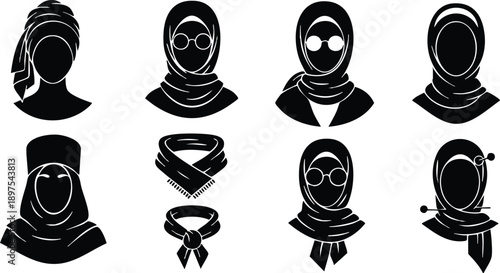 Silhouette vector icons of diverse women wearing various styles of hijab headscarves and scarves with glasses and turban accessories on white background