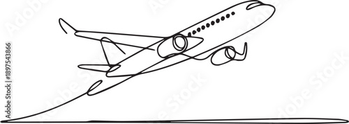 Airplane in flight, viewed from below, soaring through the sky with landing gear down, a simple line drawing illustration.